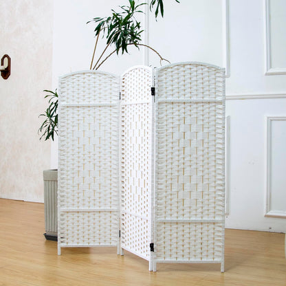 Furnnylane 3 Panel White Rattan Divider Short Room Partition Screen,Double Sided Short Folding Divider for Room Separation,120 cm Tall