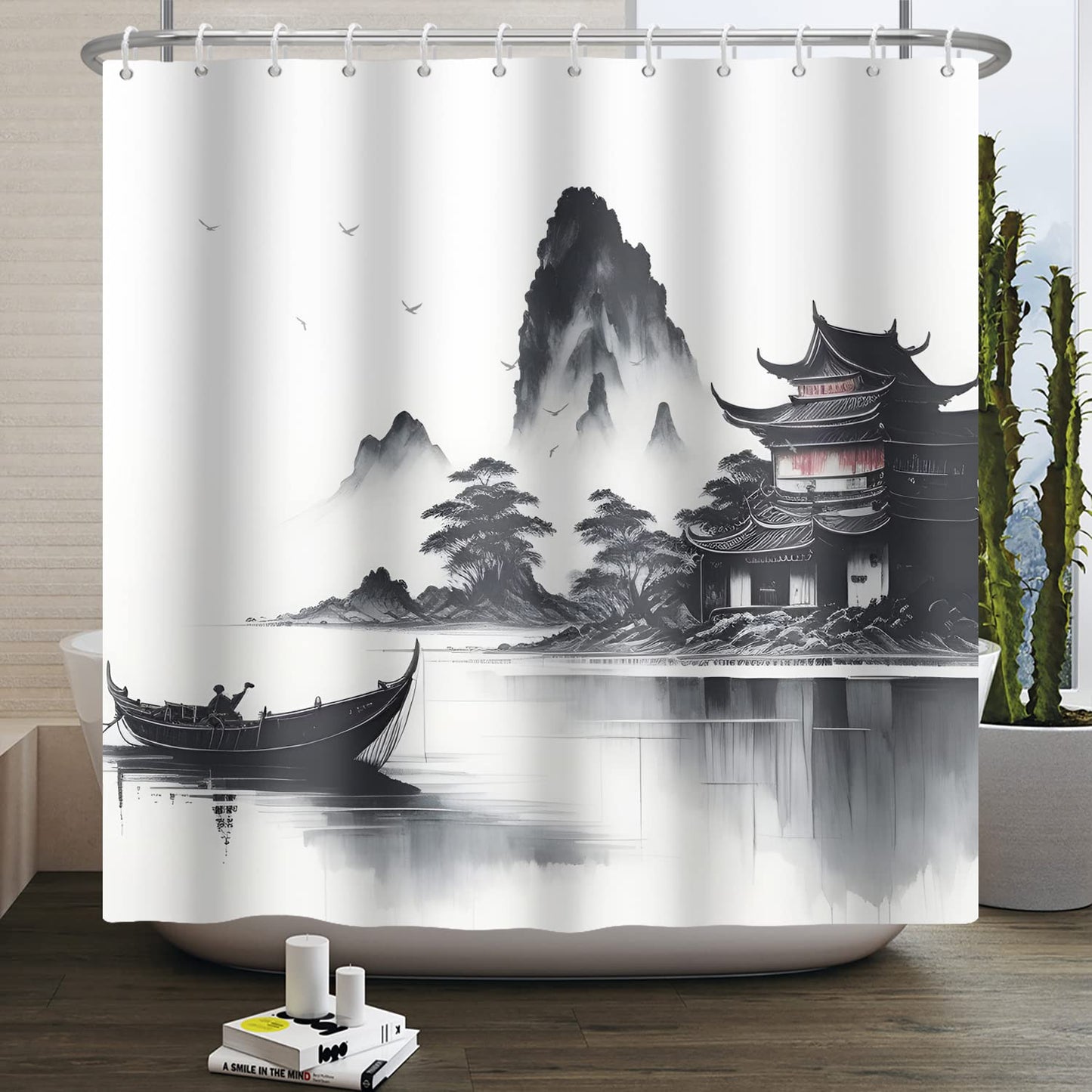 SDOTPMT 105x160cm Japanese Asian Ink Painting Shower Curtain Foggy Mountain Boat Wild Goose Bathtub Curtain Outdoor Natural Scenery Bath Curtain for