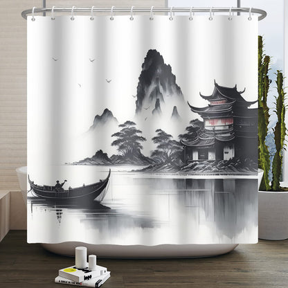 SDOTPMT 105x160cm Japanese Asian Ink Painting Shower Curtain Foggy Mountain Boat Wild Goose Bathtub Curtain Outdoor Natural Scenery Bath Curtain for