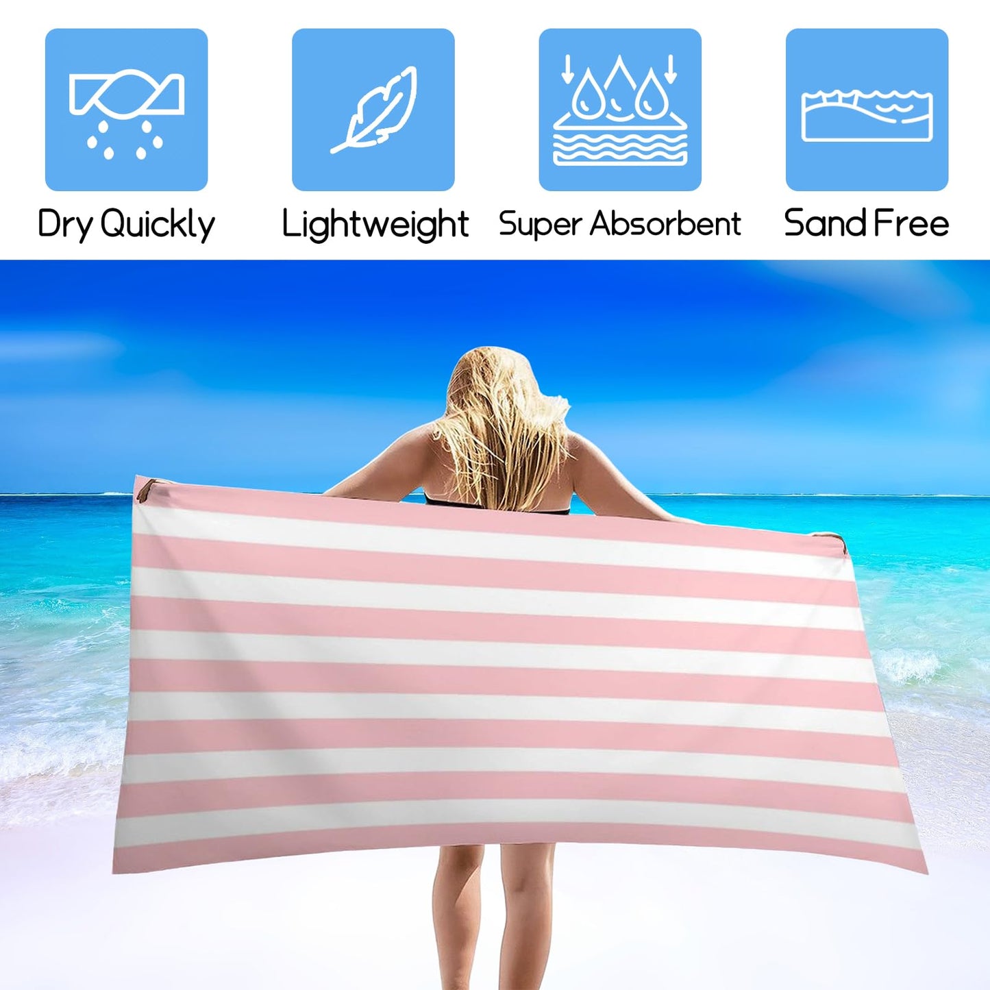 YUAOEUR Pink Stripe Beach Towel for Adults Kids Women Men (30x60 inch,77x153cm) Large Microfiber Beach Towels for Travel,Pool, Sport, Hotel,Beach