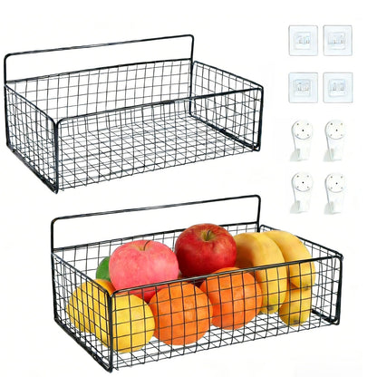 Punorric 2 Pack Snack Storage, Black Metal Wall Storage Baskets with 8 Hooks, No-Drill Snack Organiser for Snacks Cans Bars Chips Candy