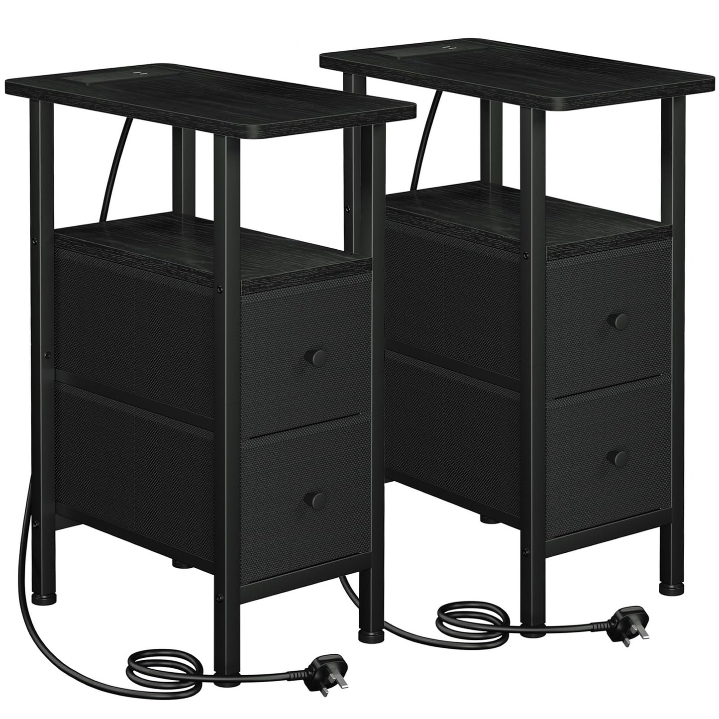 LOAKEKEL Slim Bedside Table Set of 2 with Charging Station, Narrow Side Table with 2 Fabric Drawers, Sofa Table with Open Storage Shelf, Nightstand