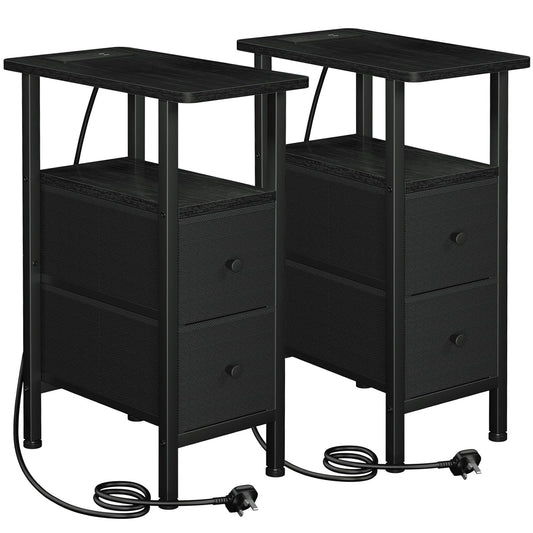 LOAKEKEL Slim Bedside Table Set of 2 with Charging Station, Narrow Side Table with 2 Fabric Drawers, Sofa Table with Open Storage Shelf, Nightstand