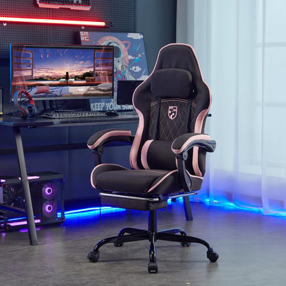 NIONIK Gaming Chair with Footrest and Massage Lumbar Cushion, Ergonomic Computer Chair with 135° Recline, Breathable Fabric, Headrest and 360° Swivel