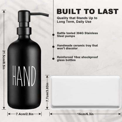 Glass Soap Dispenser Set: Modern Kitchen Sink Soap Dispenser Set of 2 with Ceramic Tray 500ML/17oz Bathroom Hand Wash Bottles,for Liquid Hand Soap