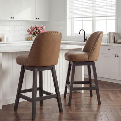 Bar Stools Set of 2, 360° Swivel Counter Stools with Upholstered Seat, Wooden Frame & Nailhead Trim