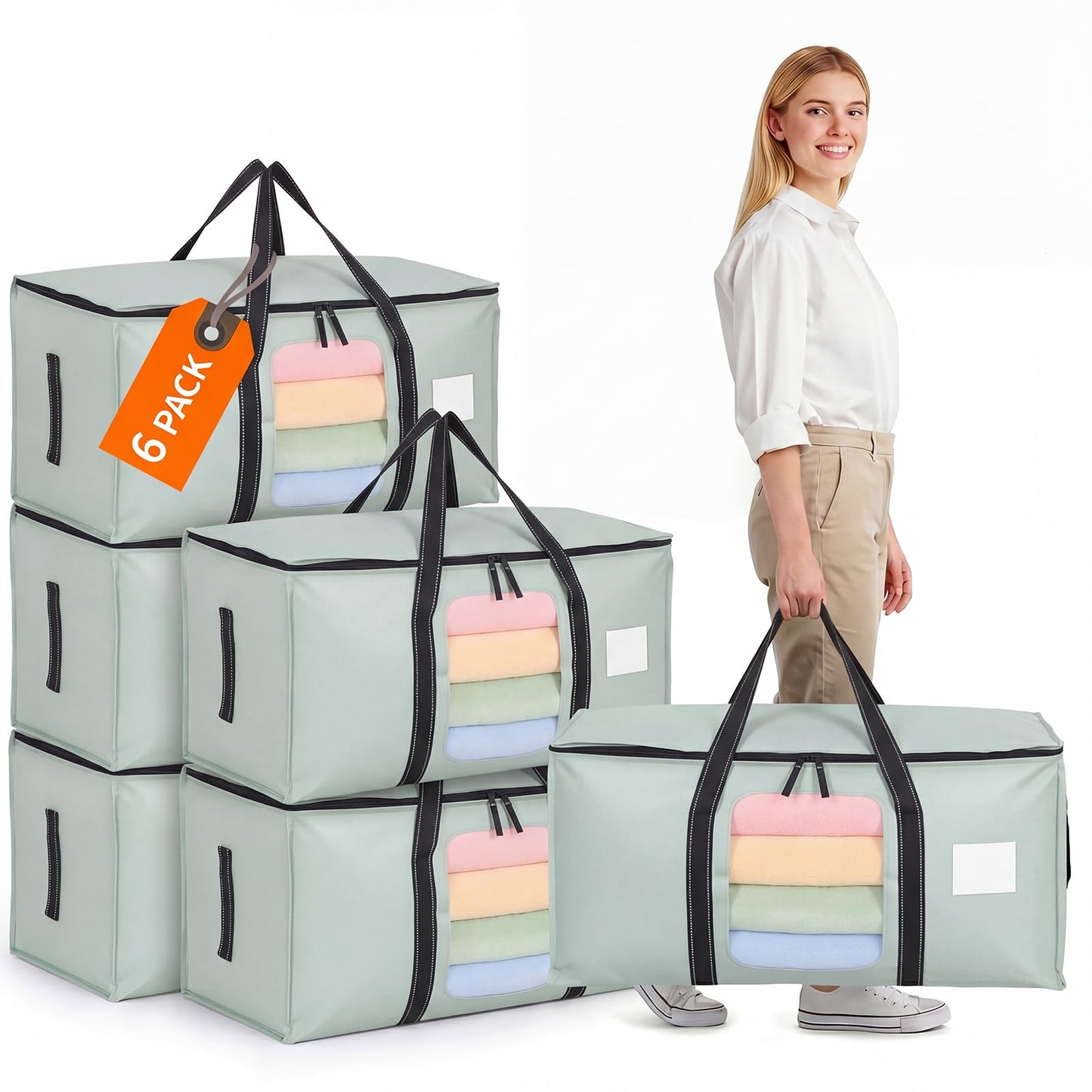 6 Pack 90L Moving Bags Clothes Storage Bags with View Window for Dorm,Green