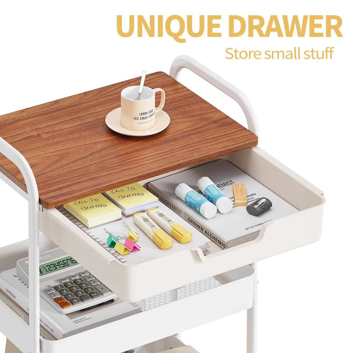 KINGRACK Rolling cart, 3-Tier Utility Storage Trolley with Wooden Board and Drawer, Metal Storage Cart with Handle, White Trolley Kitchen Organizer