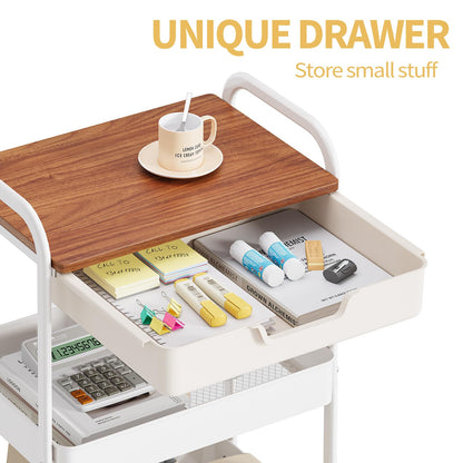 KINGRACK Rolling cart, 3-Tier Utility Storage Trolley with Wooden Board and Drawer, Metal Storage Cart with Handle, White Trolley Kitchen Organizer