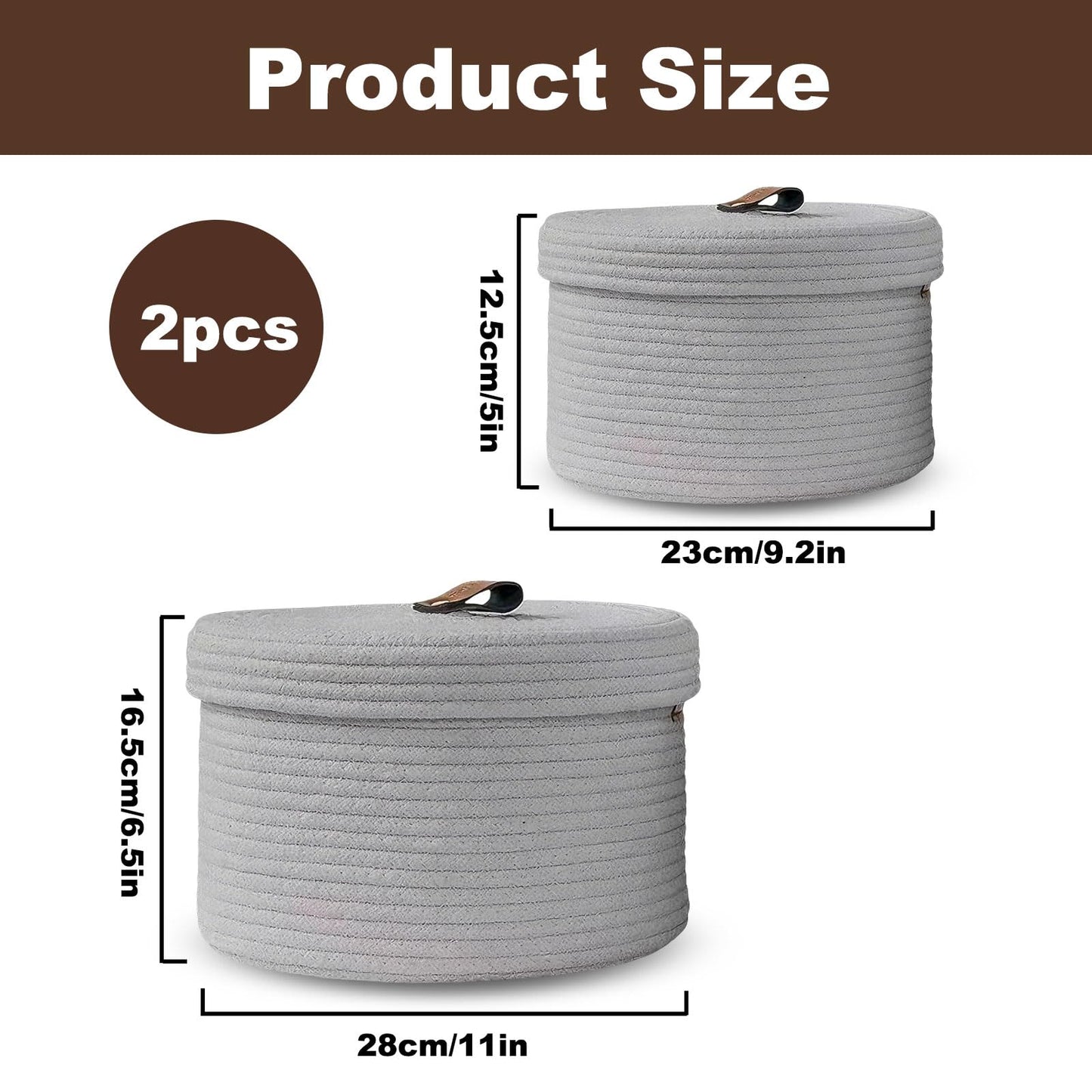 Set of 2 Storage Basket with Lid, Round Cotton Rope Decorative Basket with Leather Handles, Multifunctional Woven Baskets for Shelves, Bedroom