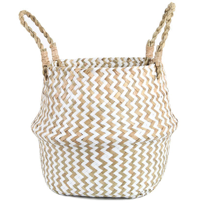 FEILANDUO Laundry Basket Wicker Woven Belly Baskets Decor Home Storage for Fruit Hand-woven Seaweed Collapsible with Handle for Organizer Plant Pot