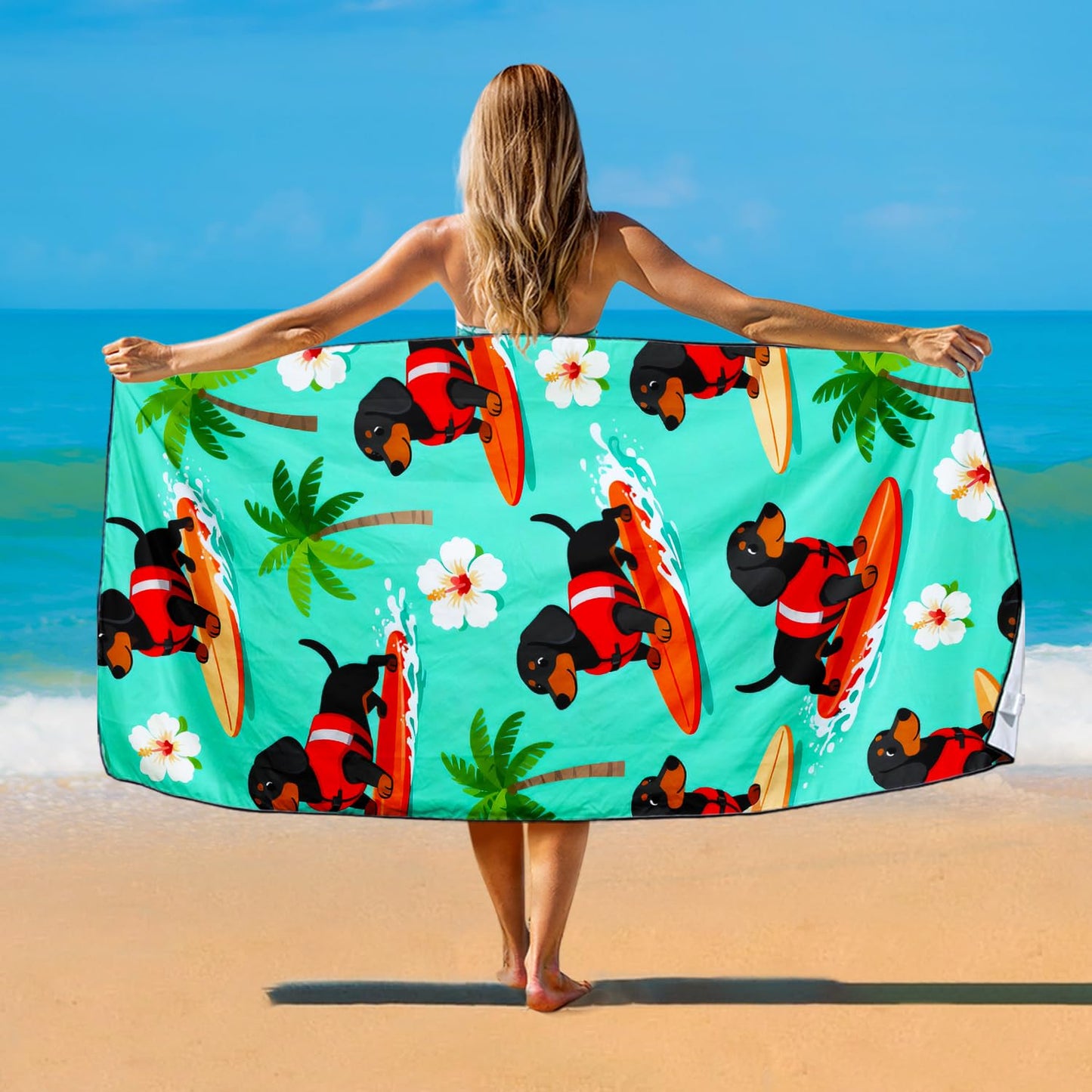 Violetpos Surfing Dachshund Beach Towel, Extra Large 180x90 cm 250GSM Microfibre, Sand Free Quick Dry
