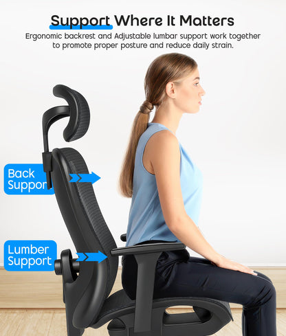 CHI ENERGY Ergonomic Desk Chair, High Back Office Chair with Adjustable Lumbar Support, Headrest and Armrests, Reclining Executive Swivel Chair