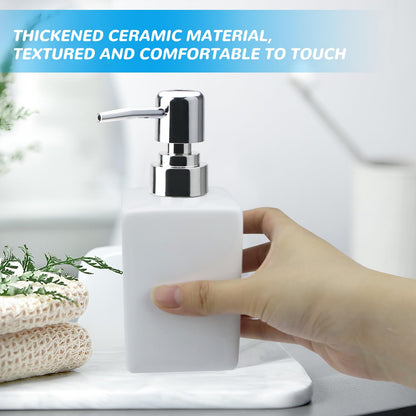 White Square Ceramic Soap Dispenser 320ml, Refillable Liquid Bottle with Anti‑Rust Long Spout Pump, Non‑Slip Base for Bathroom Vanity