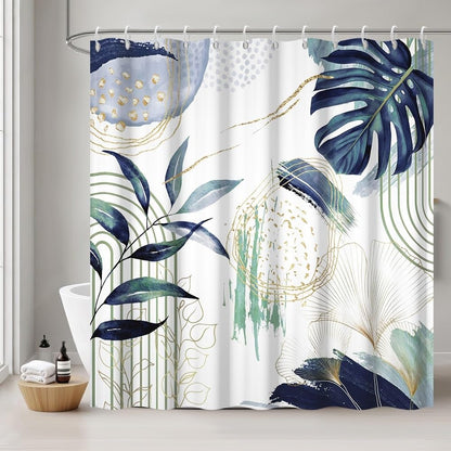 Uiiooazy Anti-Mould Shower Curtain, 180 x 220 cm, Navy Blue, Tropical Palm Leaves, Jungle Boho Bath Curtain, Washable Fabric, Waterproof