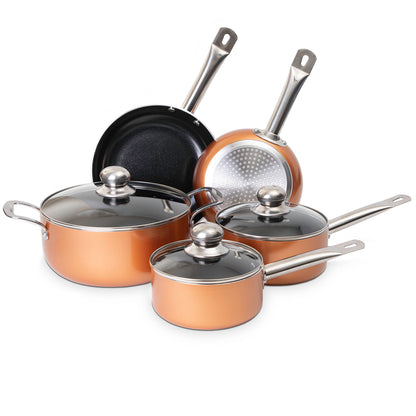 Non Stick Pots and Pans Set  Induction Hob Pots Set  8pcs Kitchen Cookware with Lids  Cooking Copper Saucepan Pots and Frying Pans  by Nuovva