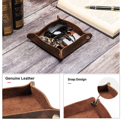 Hiram Genuine Leather Desktop Storage Organizer Valet Tray Small Items Storage Caddy Holder for Keys, Phone, Wallet, Coin, Jewelry,Glasses Snag Design