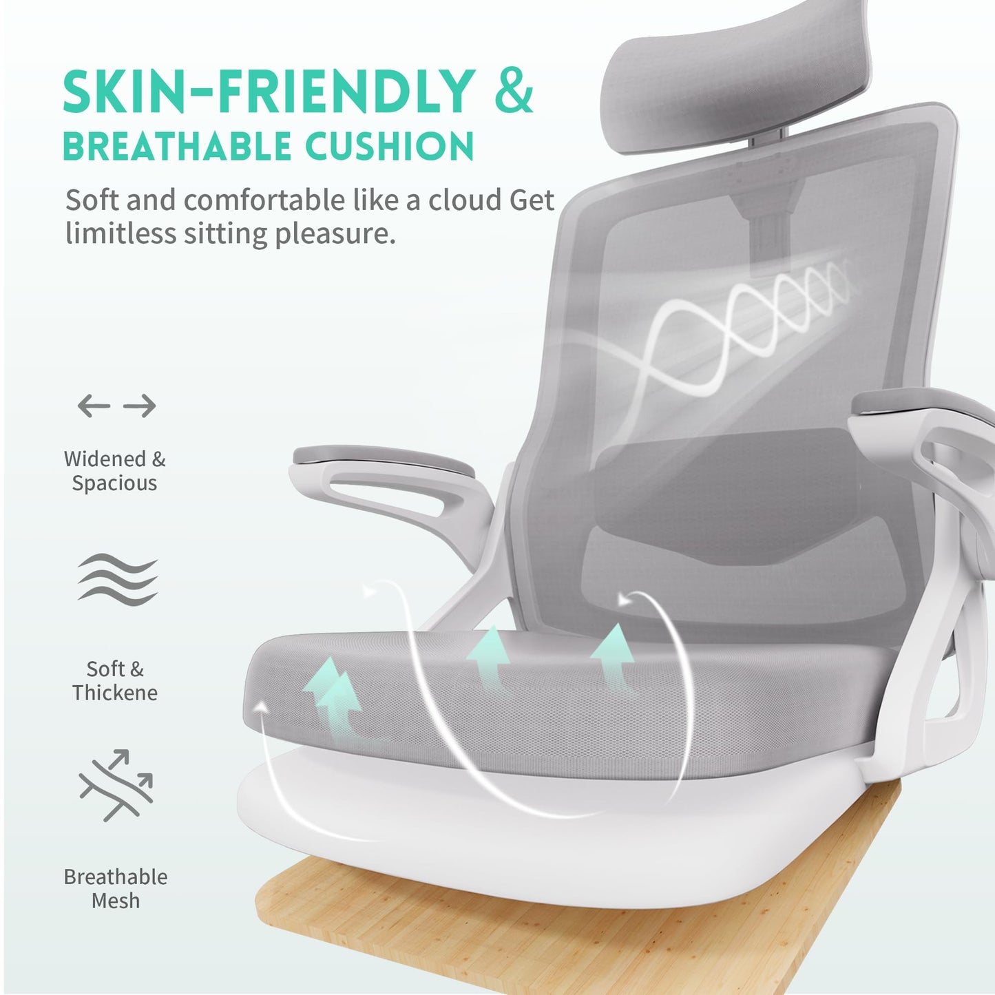 Ergonomic Office Chair, S-Shaped Mesh Desk Chairs, Adjustable Headrest & Lumbar Support, 90°Flip-Up Armrest