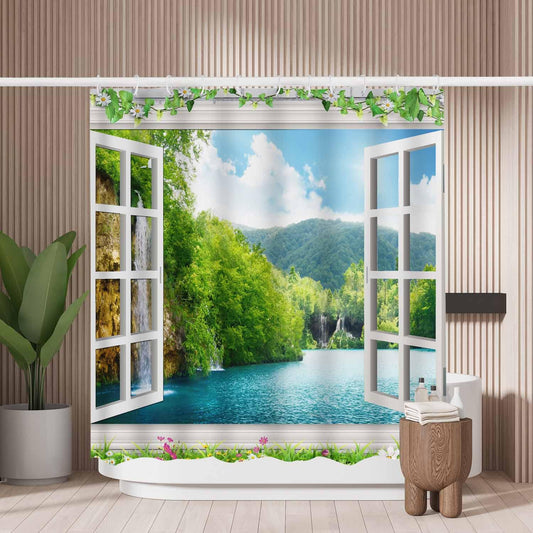 Woutay Shower Curtain Mould Proof Resistant Open Window View of The Lake,Water Repellant Fabric,Polyester,with 12 Plastic Hooks