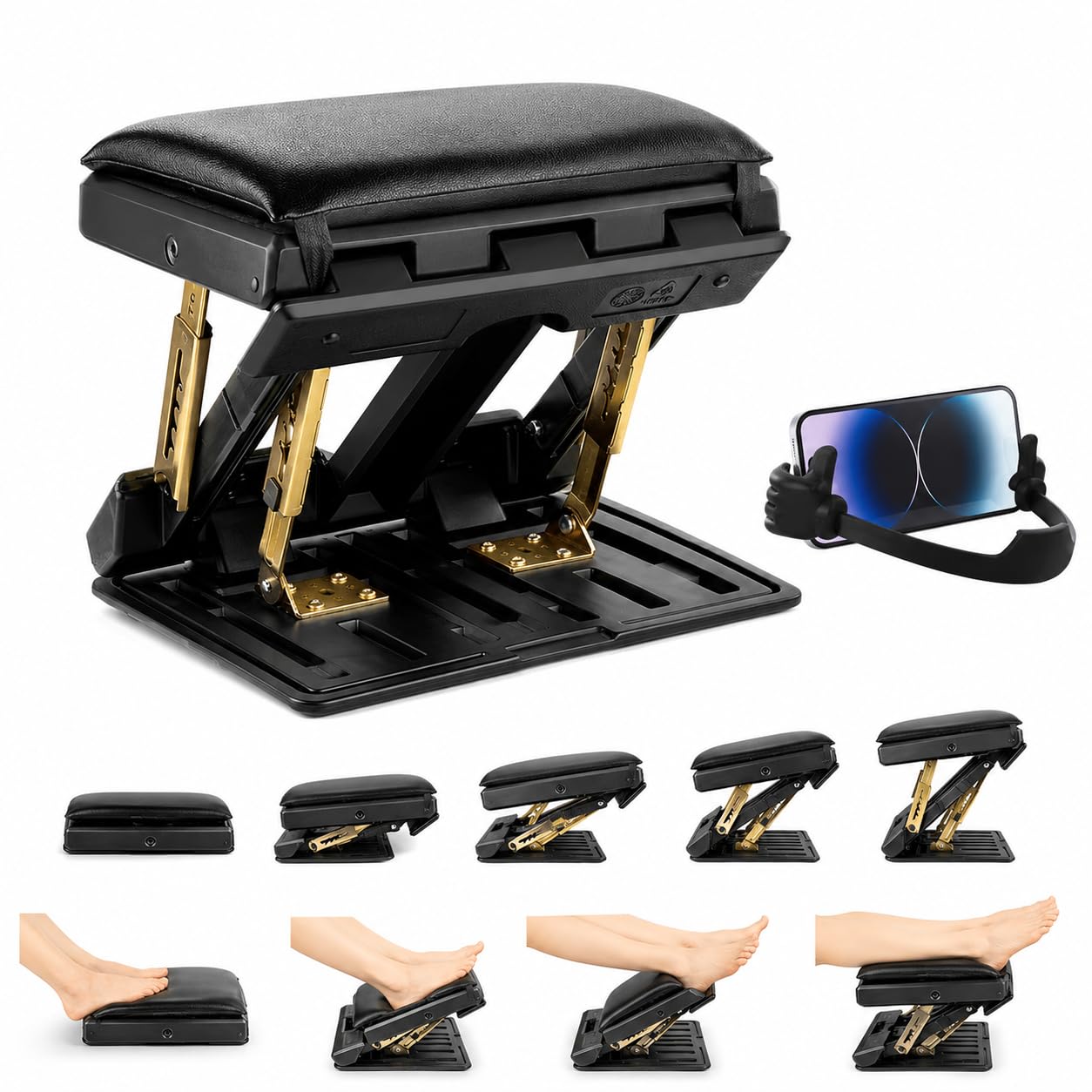Foot Rest Under Desk with Phone Holder & Soft Pad, 4-Level Adjustable Foot Stool Support 120 lbs, Foldable Foot Stool Under Desk
