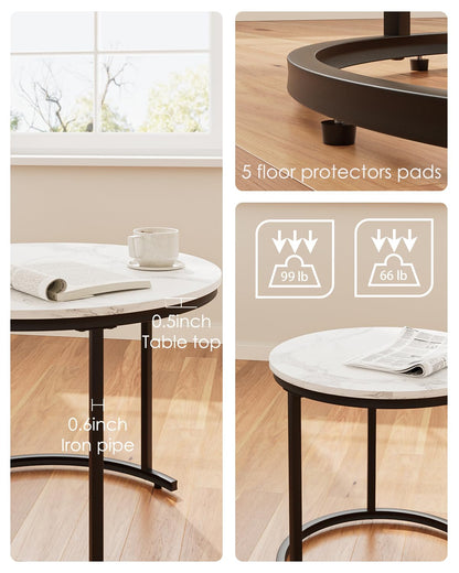 HEYZOEY Round Coffee Tables, Removable Set of 2 End Table, Nesting Tables with Black Metal Frame Legs and Marble White Top for Living Room, Bedroom