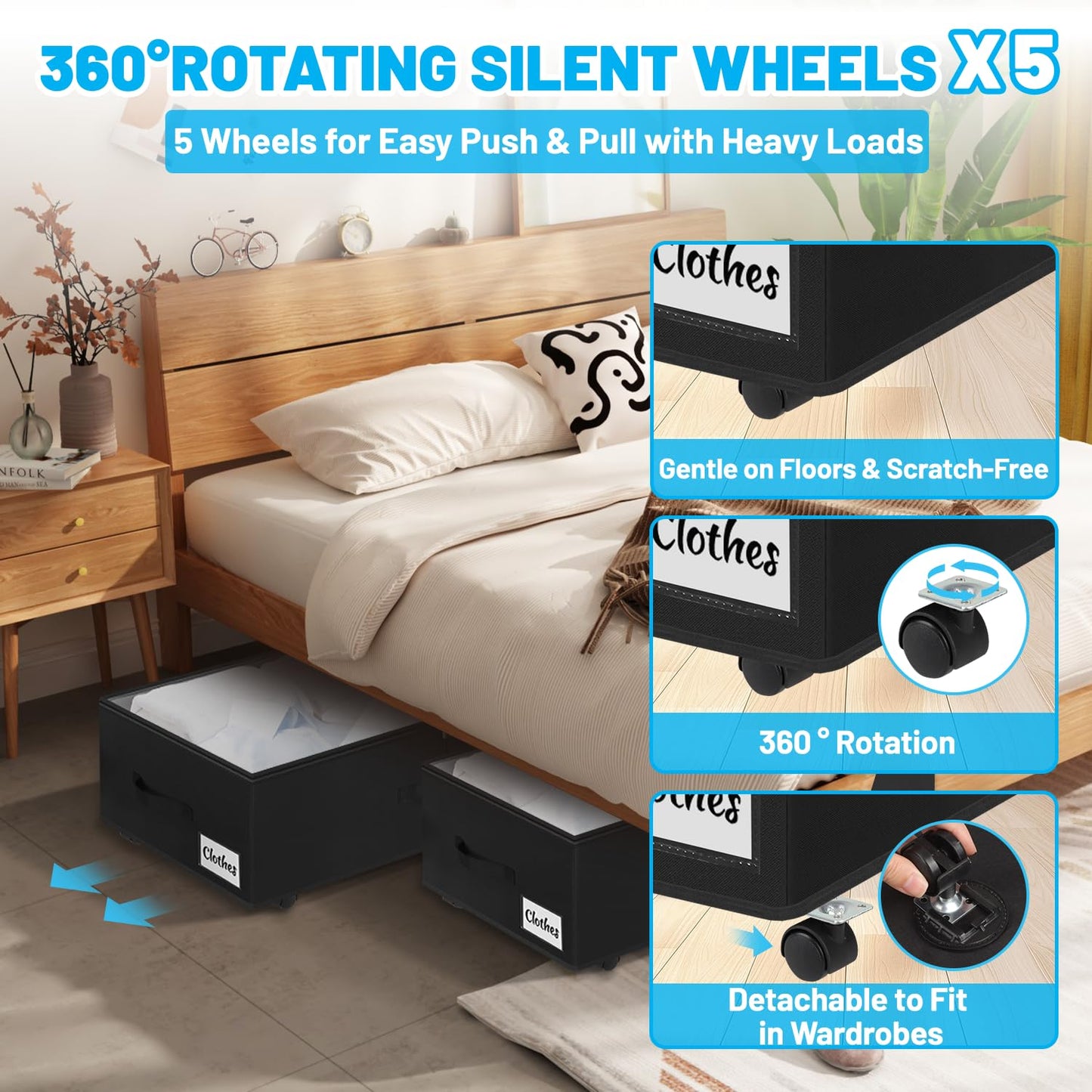 Kukikan Under Bed Storage on Wheels, 2-Pack 24 CM XXL 75L Rolling Under Bed Storage Bag with Zip