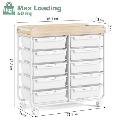 10-Drawer Craft Organizer Trolley Cart, White