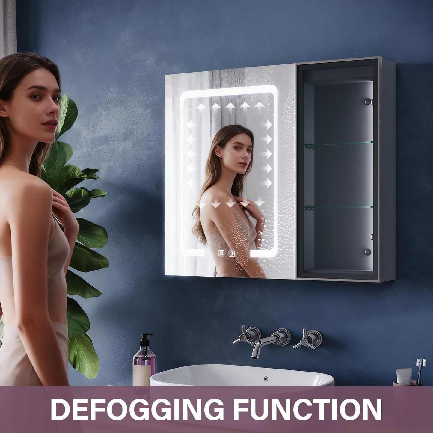 ZANOFIRA Bathroom Wall-Mounted Mirror Cabinet, 700x600mm Illuminated LED Bathroom Mirror Cabinet with Shaver Socket and Anti-Fog