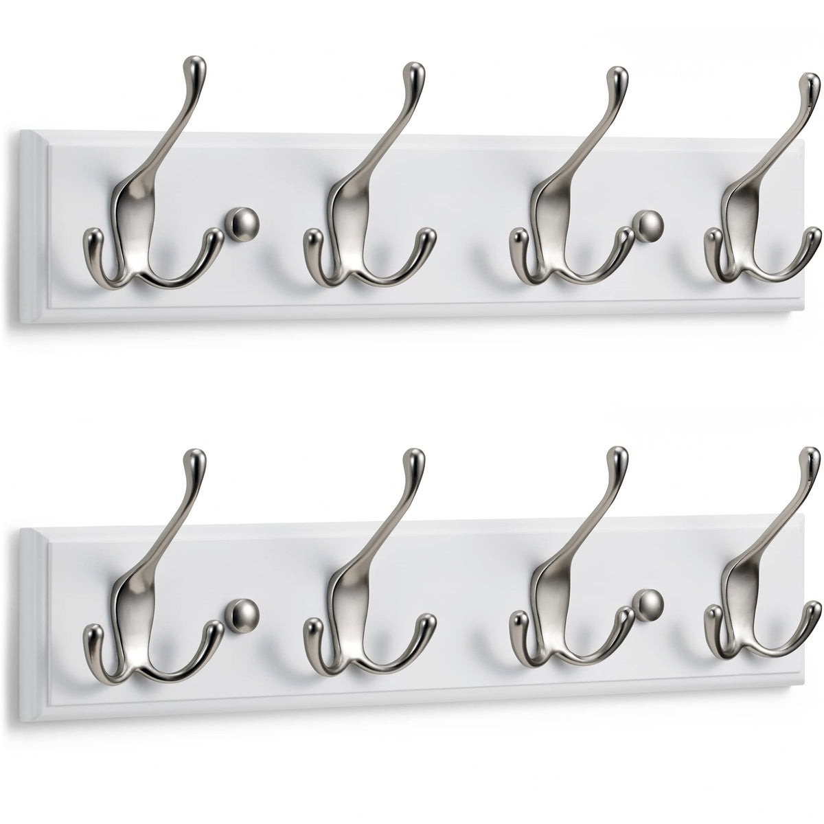 LARHN White Wall-Mounted Coat Rack, 2-Pack - 4 Matt-Nickel Coat Hooks, 42cm