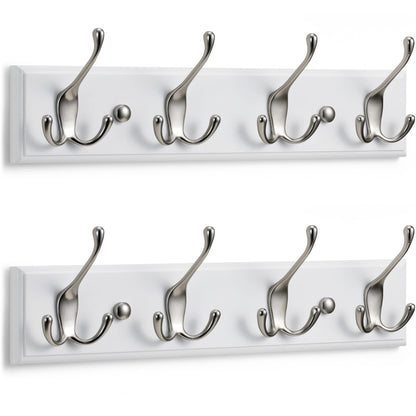 LARHN White Wall-Mounted Coat Rack, 2-Pack - 4 Matt-Nickel Coat Hooks, 42cm