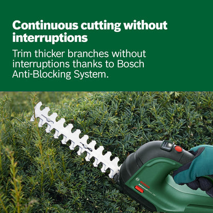 Bosch Cordless AdvancedShear 18V-10 (Without, 18 Volt System, cuts up to 85 m? per Battery Charge, with Shrub and Grass Shear Blades, in Carton