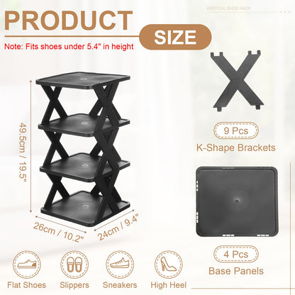 sourcing map 4-Tier Plastic Shoe Rack, Vertical Shoe Rack Stackable Storage Organizer Folding Space-Saving Narrow Slot Shelf for Closet Livingroom