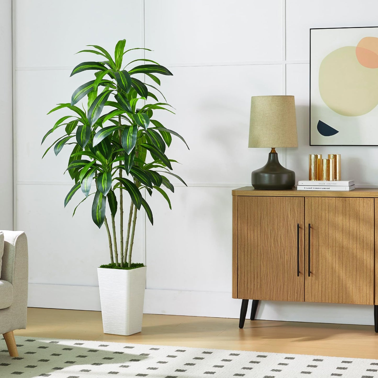 Artificial Dracaena Plant Indoor 5FT Fake Tree with White Tall Planter, Tall Fake Floor Plant in Pot, Artificial SilkPlant for Home Decor Office