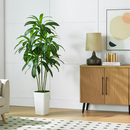 Artificial Dracaena Plant Indoor 5FT Fake Tree with White Tall Planter, Tall Fake Floor Plant in Pot, Artificial SilkPlant for Home Decor Office