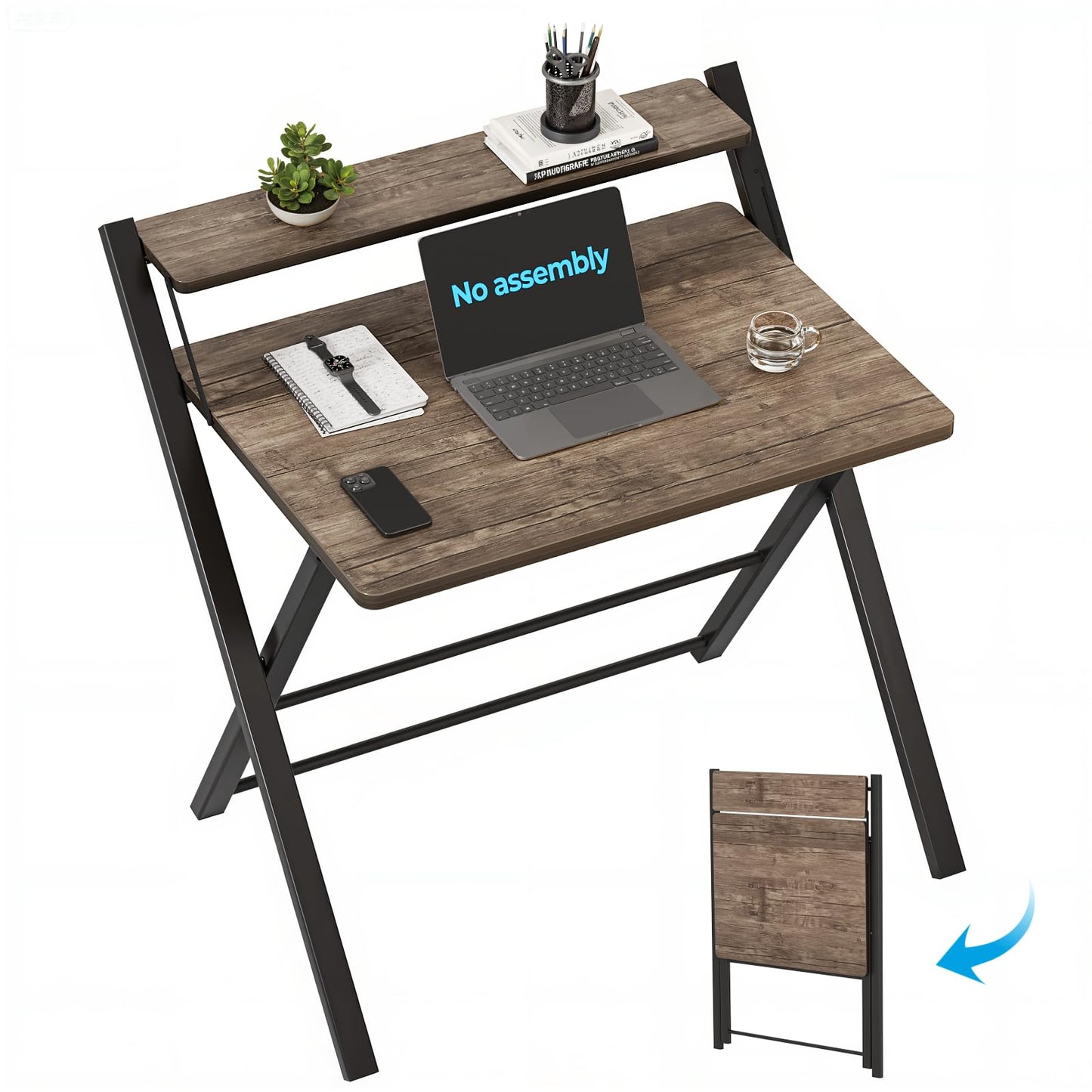 GreenForest No Assembly Required Folding Desk with Monitor Shelf,Brown