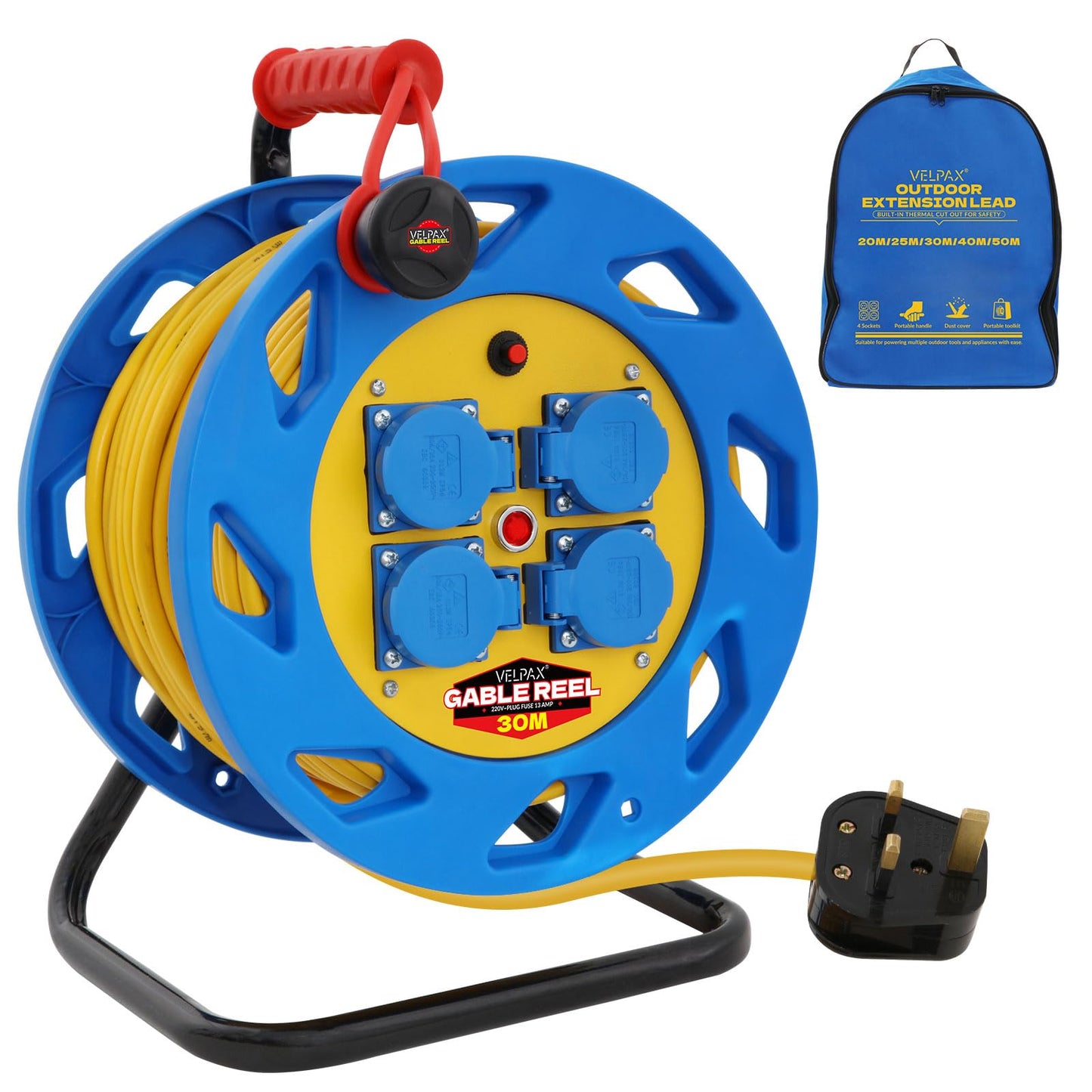 30m Outdoor Extension Lead,4 Socket Heavy Duty Extension Reel,Thermal Cut-Out,13A Fused UK Plug,Ideal for Garden,Lawn Mower,Office Use