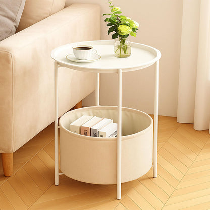 Rinkgarden Round Side Table with Fabric Basket, Modern and Sturdy, Metal End Table for Living Room, Bedroom, Bedside Table, Nursery