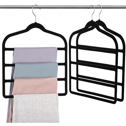 3 Pack Velvet Trouser Hangers - 4-Layer Space Saving, Non Slip for Jeans, Trousers, Leggings, Tie, Scarf and Towel