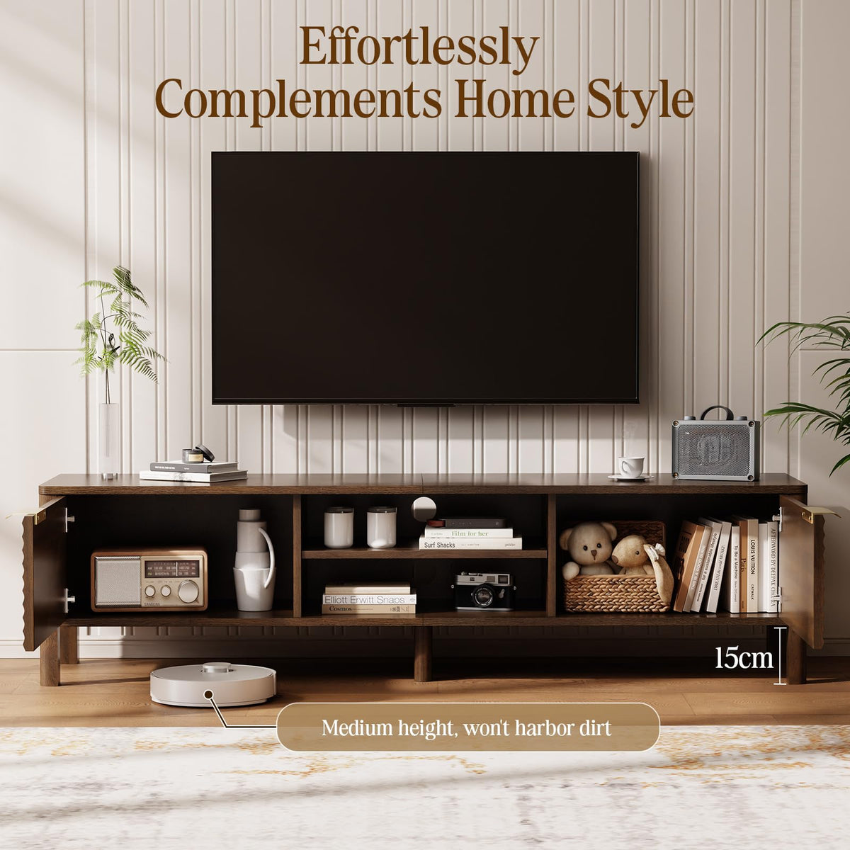 IKALIFE Wooden TV Stand Cabinet - 150cm Long TV Unit With Storage, Walnut