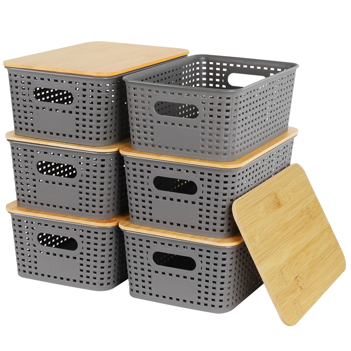 Nymblis 6Pcs Storage Boxes with Lids, Stackable Storage Baskets, Grey