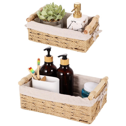 2 PCS Wicker Storage Baskets,Rectangle Wicker Basket for Organizing,Rattan Basket with Handles,Toilet Paper Storage Basket for Bathroom Living Room