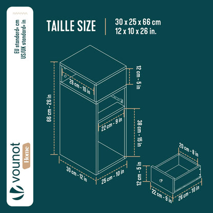 VOUNOT® Slim Bedside Table Set of 2, Narrow Wood Bedside Cabinet with Drawer and Open Shelf, Small Bedside Unit, Thin Nightstand for Bedroom