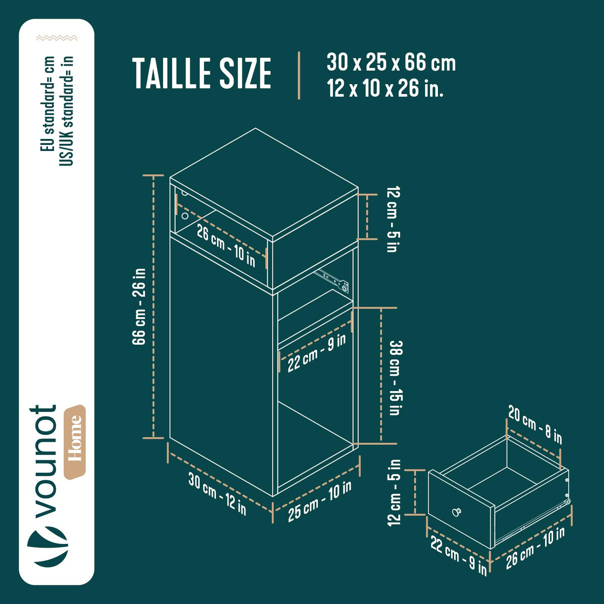 VOUNOT® Slim Bedside Table, Narrow Wood Bedside Cabinet with Drawer and Open Shelf, Small Bedside Unit, Thin Nightstand for Bedroom, Living Room