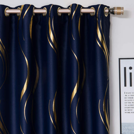MYRU 2 Panels Set Luxury Striped Blackout Curtains for Bedroom Living Room (Navy and Gold, 2 x 66x84 Inch)