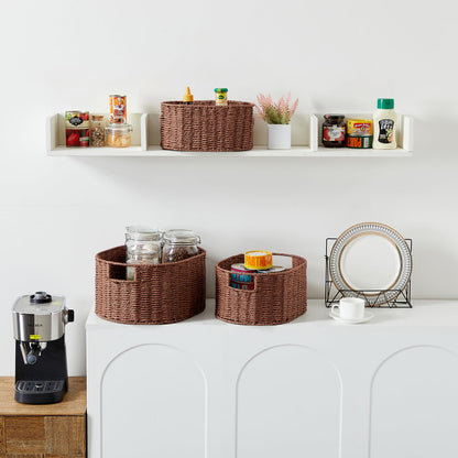 Vagusicc Wicker Basket, Set of 3 Woven Wicker Storage Baskets with Handles, Round Paper Rope Storage Boxes Bin Organizer for Bathroom Shelves Closet