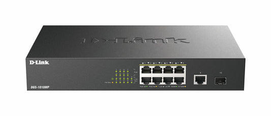 D-Link DGS-1010MP/M 10 Port Gigabit Max PoE Switch, 8 Gigabit 30W PoE+ ports, 125W power Budget, SFP Fibre Uplink, Fanless, Silent, Power Saving,
