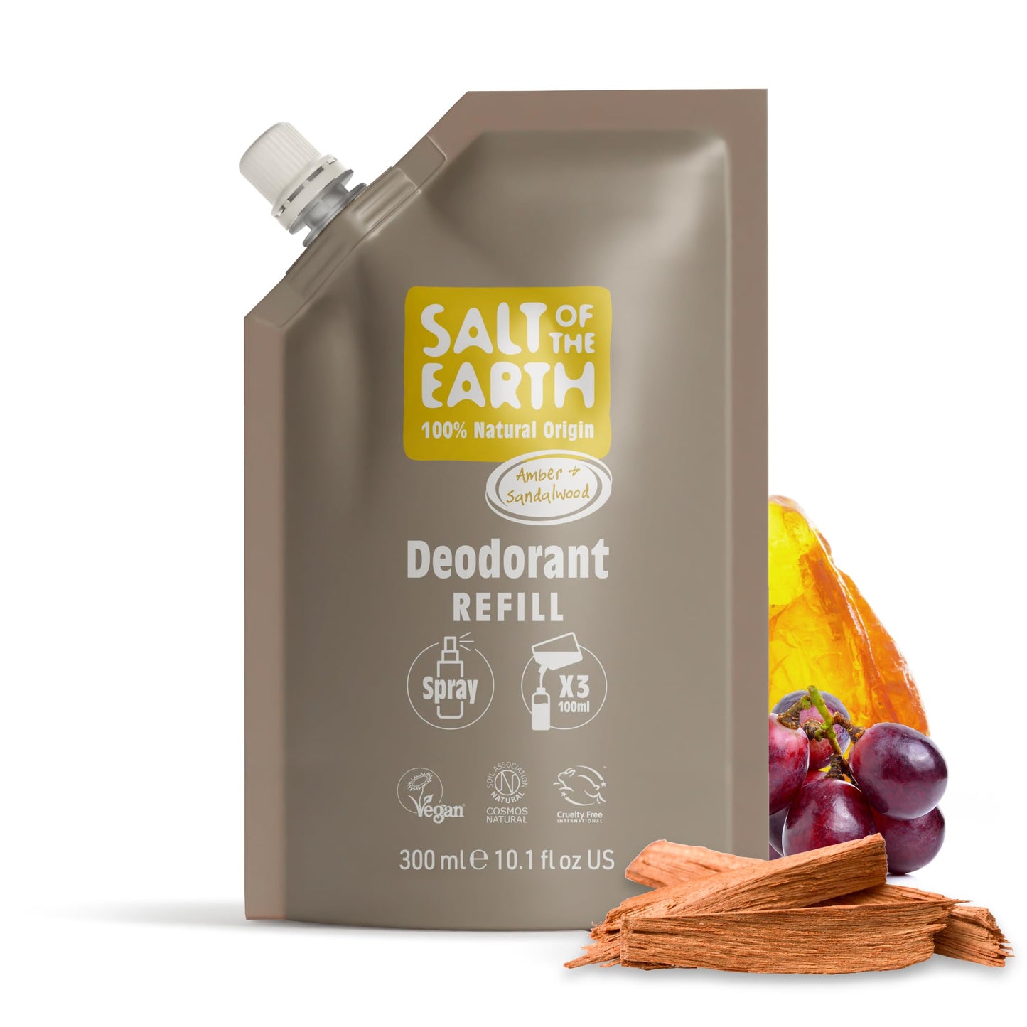 Salt of the Earth - Natural Deodorant Spray Refill Pouch, x3 Uses - Amber & Sandalwood - Vegan, Long Lasting Protection, Leaping Bunny Approved, Made