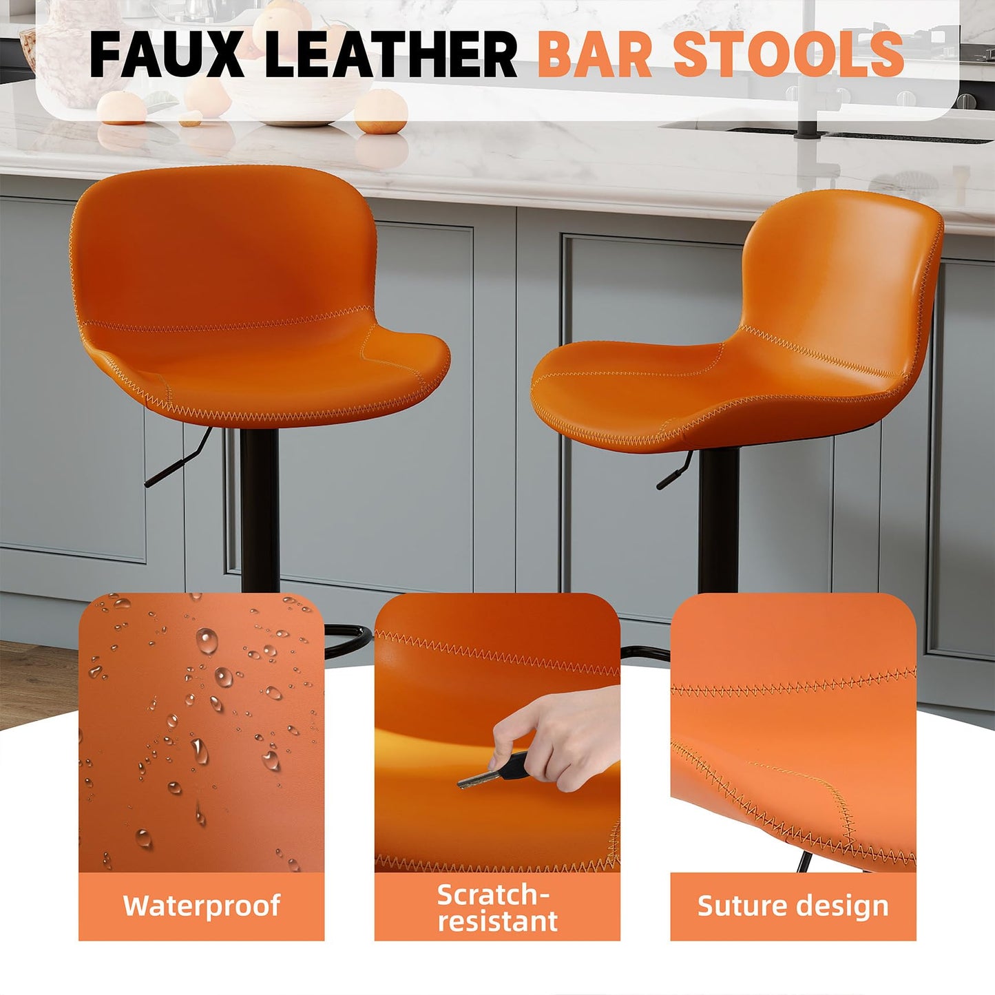 Youhauchair Bar Stools Set of 2, PU Leather Counter Height Barstools with Back, Height Adjustable Swivel Bar Chairs