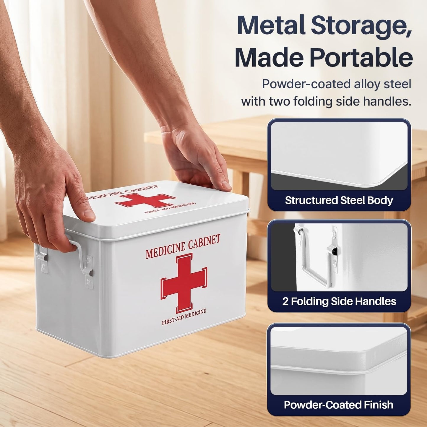 Flexzion First Aid Box Organizer - 13" White Vintage Metal Medical Kit Tin With Dividers, Removable Tray and Red Cross Logo - Empty Storage Container