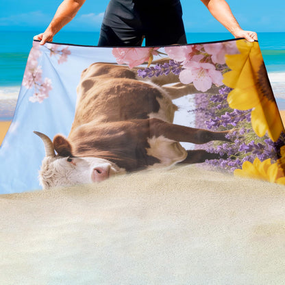Violetpos Cow in Sunflowers & Lavender Beach Towel, Extra Large 180x90 cm 250GSM Microfibre, Sand Free Quick Dry